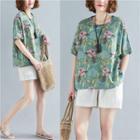 Floral Print Short-sleeve Linen T-shirt Green - One Size