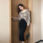 V-neck Leopard Pattern Sweater / High Waist Midi Skirt