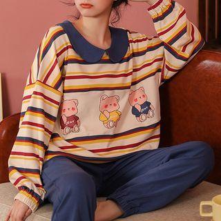 Loungewear Set : Long-sleeve Lapel Striped Cartoon Print Top + Pants