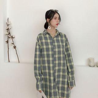 Set: Plaid Long-sleeve Blouse + Zip Mini Skirt