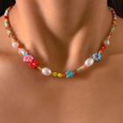 Flower Bead Faux Pearl Choker Red & Yellow - One Size