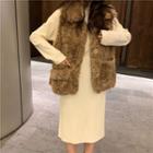 Fluffy Button Vest / Long-sleeve Midi A-line Dress