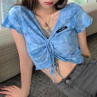 V-neck Drawstring Tie-dye Top Blue - One Size
