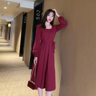 Pinstriped Long-sleeve Midi Shift Dress