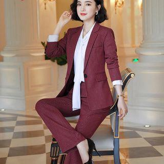 Set: Tie-neck Blouse + Pinstriped Blazer + Wide-leg Dress Pants