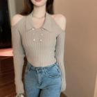 Collared Cold-shoulder Knit Top