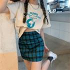 Short-sleeve Lettering T-shirt / Plaid Mini Pencil Skirt