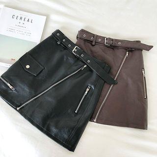 Plain Zip High-waist Faux Leather Skirt With Belt