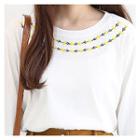 3/4-sleeve Floral Embroidery T-shirt