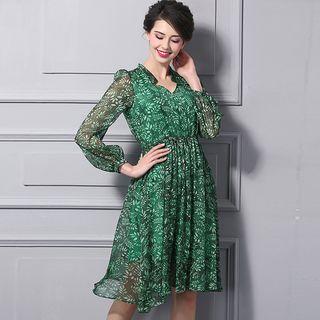 Leaf Print Split Neck 3/4 Sleeve Chiffon Dress