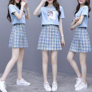 Set: Short-sleeve Cutout Printed Top + Plaid Mini Skirt