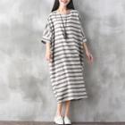 Stripe Linen Cotton Elbow-sleeve Dress