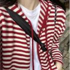 Hooded Striped Zip-up Cardigan Stripes - Red & White - One Size