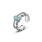 925 Sterling Silver Elegant Vintage Leaf Cubic Zirconia Green Adjustable Open Ring Silver - One Size