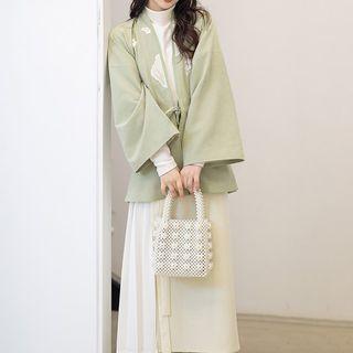 Set: Floral Embroidered Jacket + Pleated Panel Midi A-line Skirt