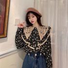 Floral Panel Ruffle Trim Long-sleeve Blouse
