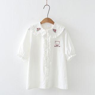 Short-sleeve Bear Embroidered Doll-collar Blouse