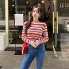 Crew-neck Multicolor-stripe Knit Top Red - One Size
