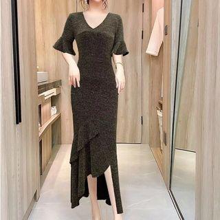 Short-sleeve Glittered Tiered Midi Dress
