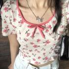 Short-sleeve Floral Cropped T-shirt Red Flower Tee - One Size
