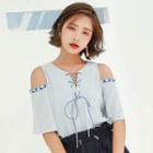 Open Shoulder Lace Up Short-sleeve Chiffon Top