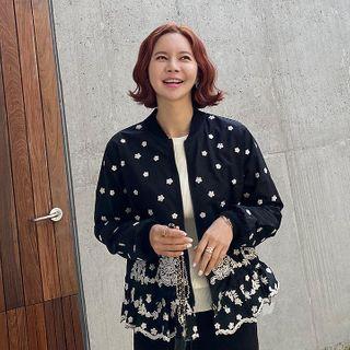 Flower Embroidery Bomber Jacket Black - One Size