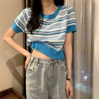 Short-sleeve Heart Knit Crop Top