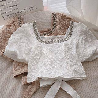 Puff-sleeve Square-neck Lace-up Blouse