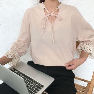 Eyelet Lace Cuff V-neck Blouse