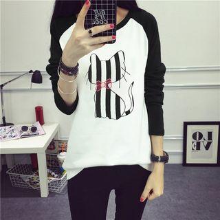 Cat Print Raglan Long Sleeve T-shirt