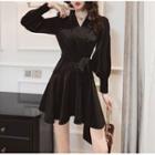 Short-sleeve Plain V-neck Tie-waist Mini Dress