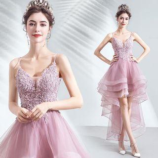 Spaghetti-strap Flower Applique Layered Dip-back Evening Gown