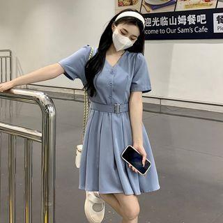 Short-sleeve V-neck Belted Dress