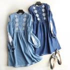 Long-sleeve Embroidery Washed Denim Dress