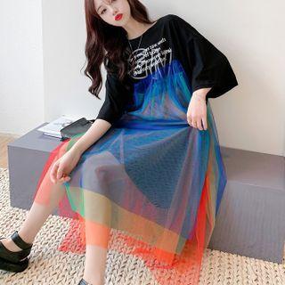 Elbow-sleeve Lettering Print Mesh Overlay Midi T-shirt Dress