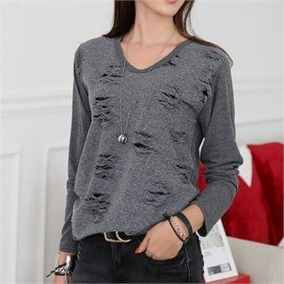 Long-sleeve Distressed T-shirt