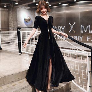 Short-sleeve V-neck Slit A-line Evening Gown