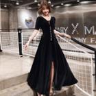 Short-sleeve V-neck Slit A-line Evening Gown