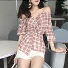 3/4-sleeve Cold Shoulder Plaid Shirt