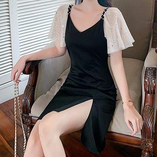 Mesh Panel Bell Sleeve Slit Shift Dress