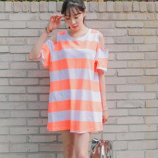 Cutout-shoulder Stripe T-shirt Dress
