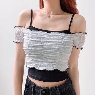 Set: Short-sleeve Crinkled T-shirt + Spaghetti Strap Printed Top