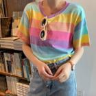 Short-sleeve Rainbow Striped T-shirt Rainbow Stripe - One Size