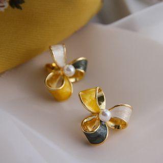 Windmill Faux Pearl Earring 1 Pair - Gold & Blue & White - One Size