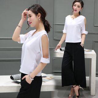 Set: Cutout-sleeve Blouse + Pants