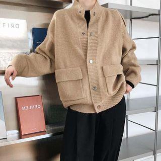 Mock-neck Plain Loose-fit Cardigan