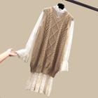Set: Cable Knit Long Vest + Long-sleeve Sheer Midi Dress