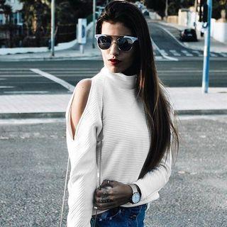 Mock Neck Cutout Shoulder Plain Top