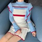 Contrast Trim Ruffle Long-sleeve Knit Sheath Dress