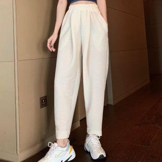 Wide Strap Denim Cropped Top / Band-waist Harem Pants